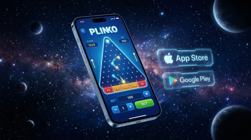 iPhone displaying Plinko game app floating in space with App Store and Google Play download badges