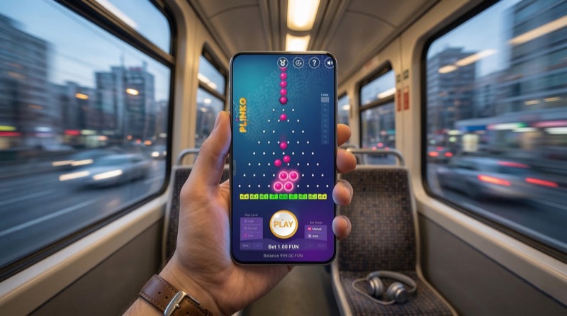 Person playing Plinko on smartphone during commute with motion-blurred city lights in background