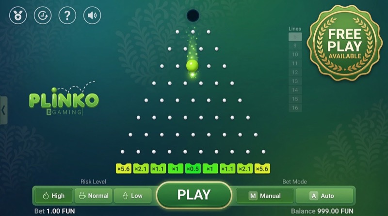 Plinko free play mode with green-themed interface showing 999 FUN balance