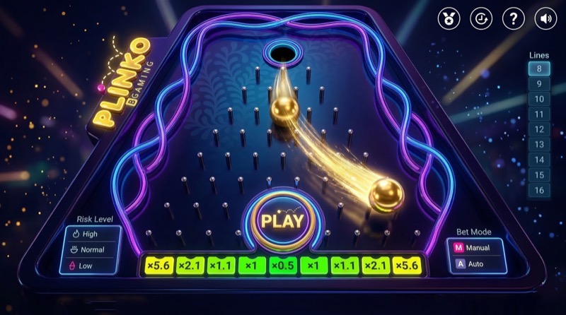 Plinko game interface showing ball bouncing through pegs with multiplier slots