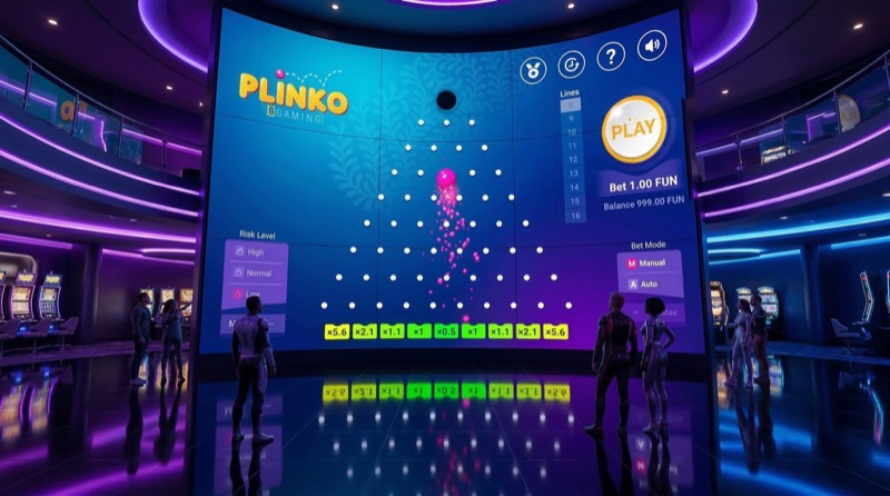 Virtual casino lobby with players watching a giant Plinko game on screen