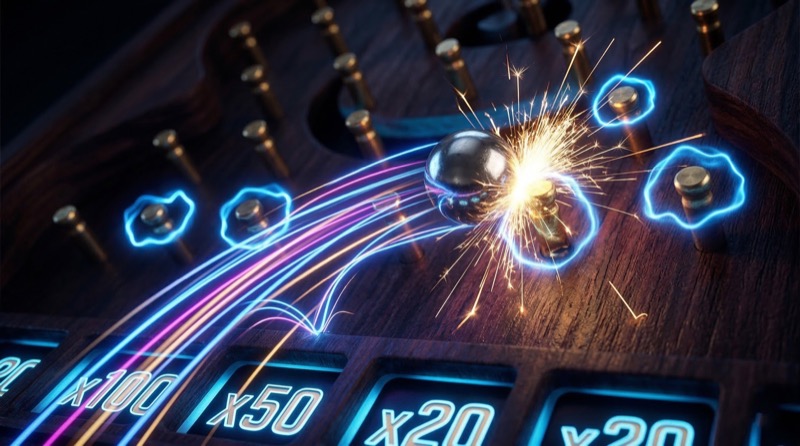 3D render of metallic ball striking pegs on Plinko board with neon light trails and high multiplier slots