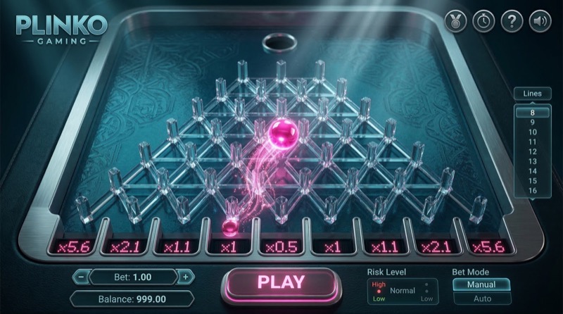 Crystal-themed Plinko board with transparent diamond pegs and futuristic dark interface design