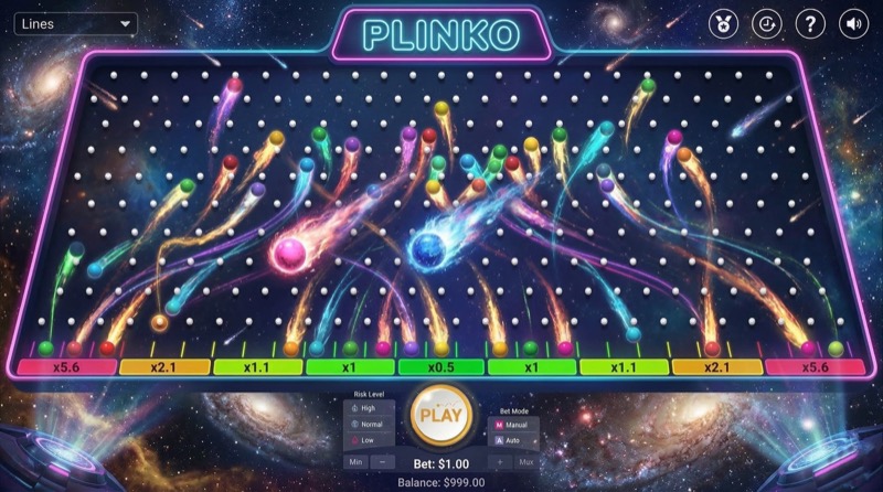 Space-themed Plinko game with galaxy background and cosmic energy effects on the ball