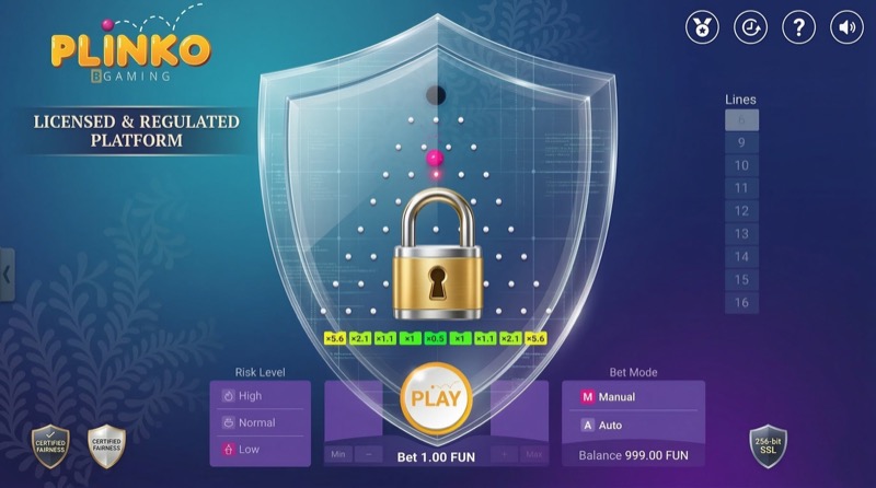 Plinko game interface with shield icon, padlock, Licensed and Regulated Platform banner, and SSL seal