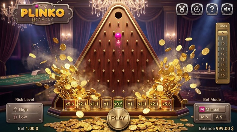 Luxurious Plinko board in opulent casino room with gold coins pouring from multiplier slots