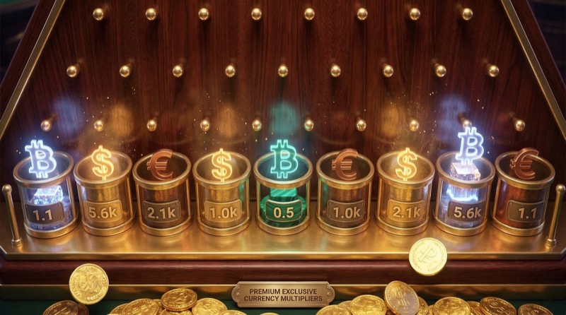 Plinko multiplier buckets showing Bitcoin, Dollar, and Euro currency symbols
