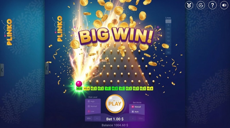 Big Win celebration screen on Plinko game with gold coins and confetti, x5.6 multiplier hit