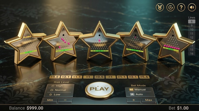 Five golden star trophies each containing a miniature Plinko game screen, representing 5-star ratings