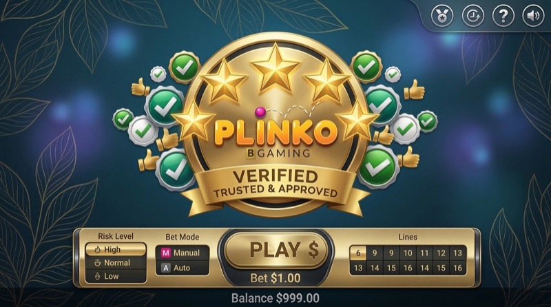 Verified Trusted and Approved golden badge with five stars surrounding BGaming Plinko logo