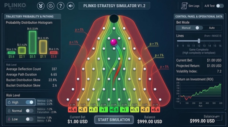 Plinko Strategy Simulator dashboard with probability heatmap, distribution histogram, and volatility index